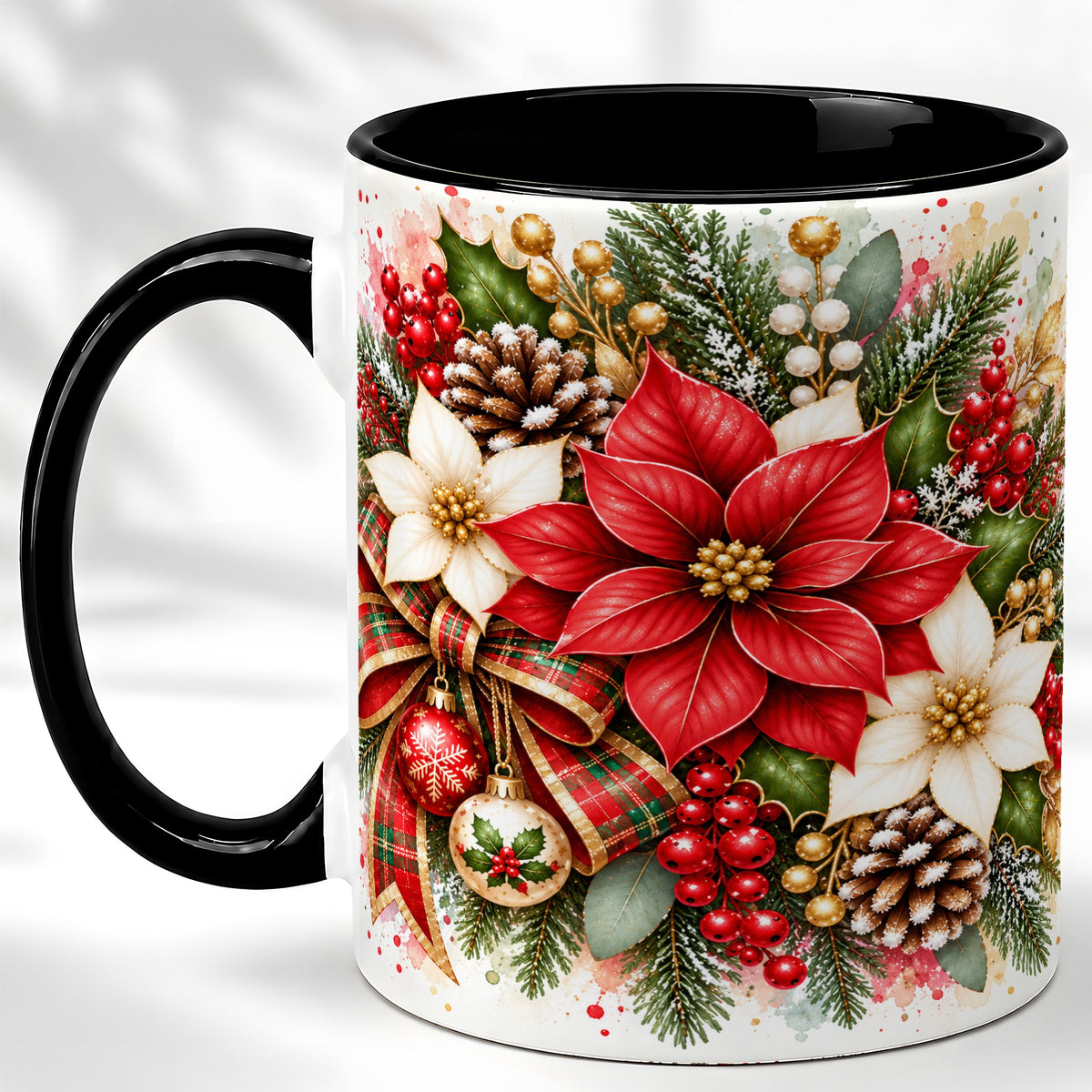 #pl[11oz|Black] Christmas Poinsettia Coffee Mug, Plaid Bow Floral Mug, Ceramic Cup