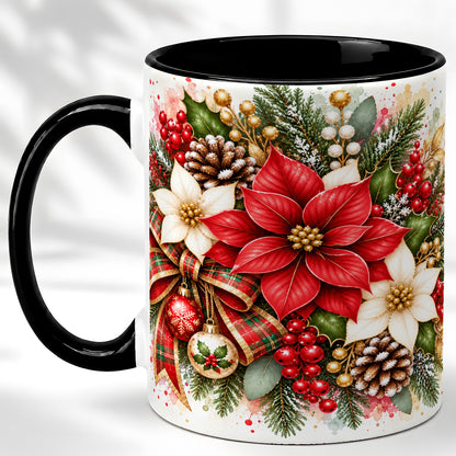 #pl[11oz|Black] Christmas Poinsettia Coffee Mug, Plaid Bow Floral Mug, Ceramic Cup