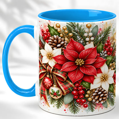#pl[11oz|Blue] Christmas Poinsettia Coffee Mug, Plaid Bow Floral Mug, Ceramic Cup