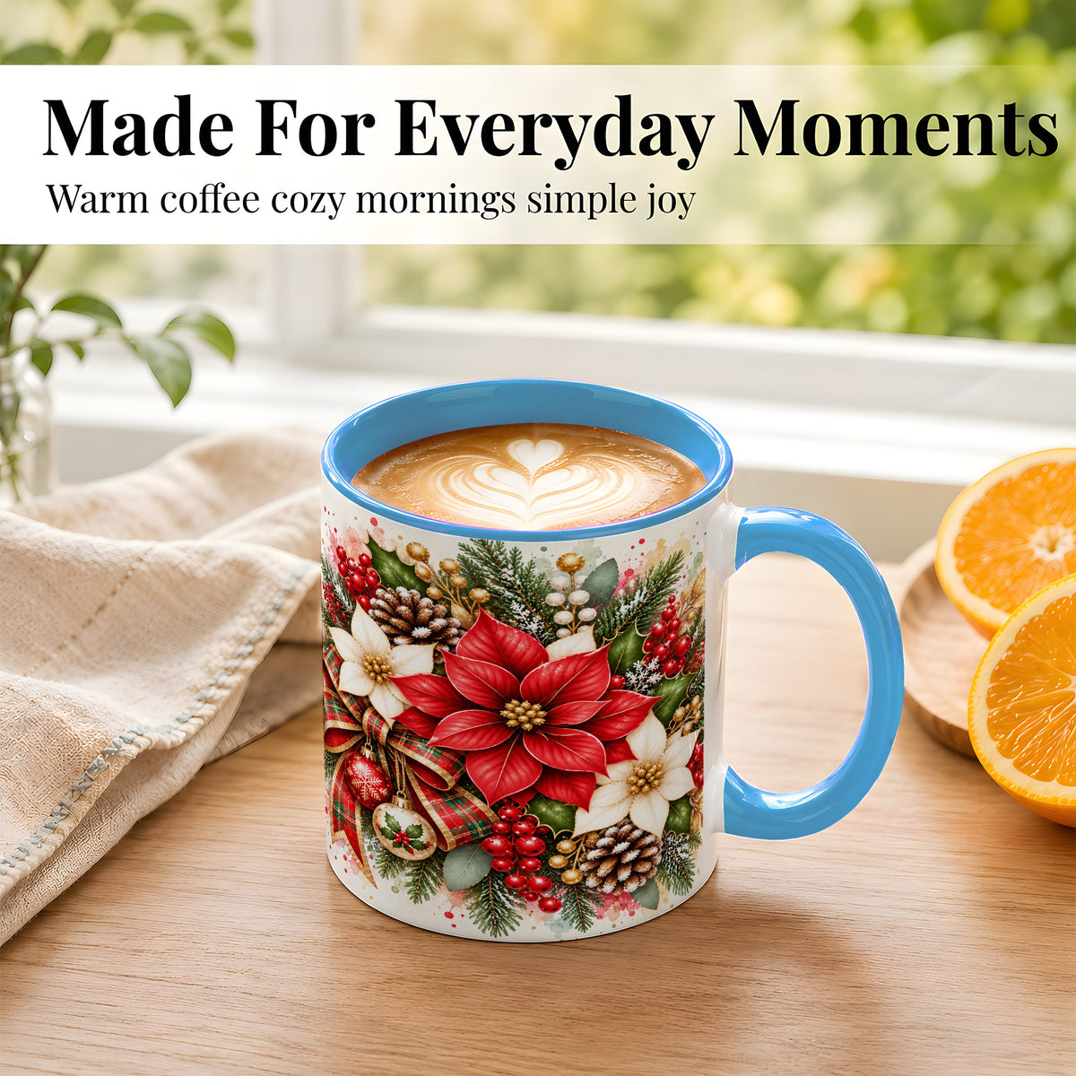#pl[11oz|Blue] Christmas Poinsettia Coffee Mug, Plaid Bow Floral Mug, Ceramic Cup