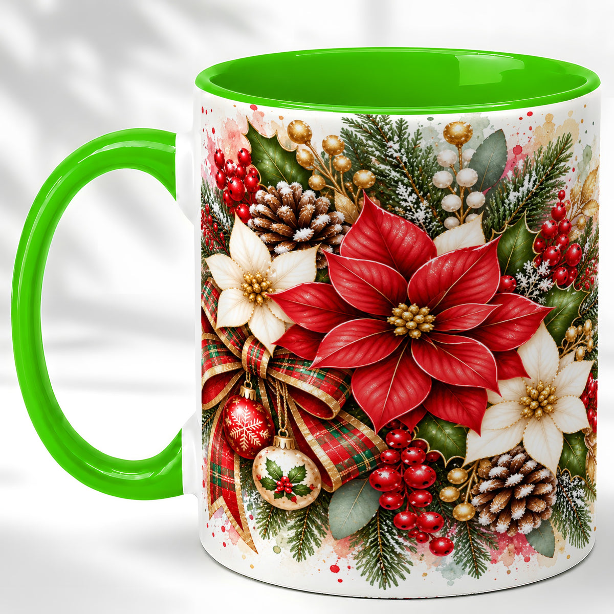 #pl[11oz|Green] Christmas Poinsettia Coffee Mug, Plaid Bow Floral Mug, Ceramic Cup