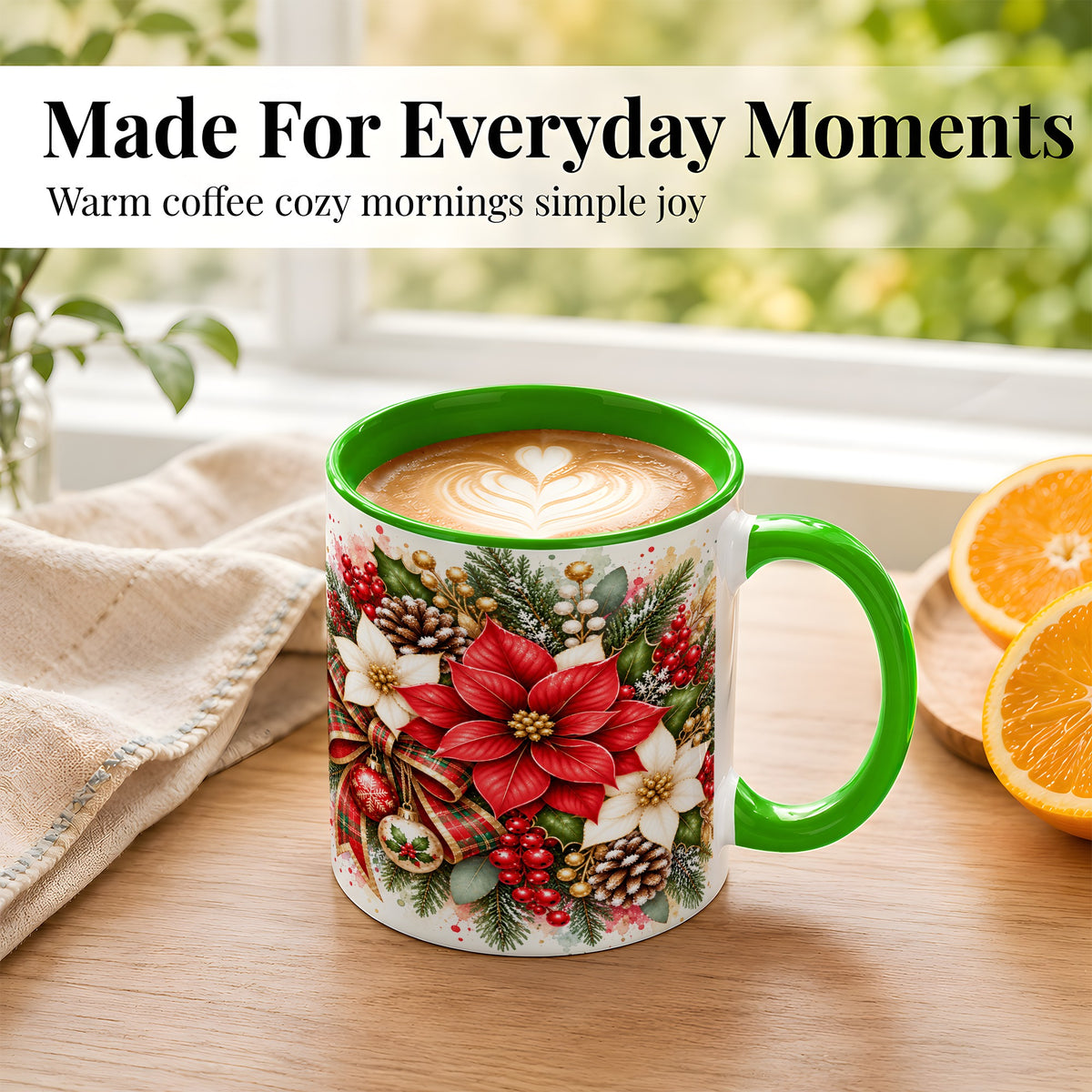 #pl[11oz|Green] Christmas Poinsettia Coffee Mug, Plaid Bow Floral Mug, Ceramic Cup