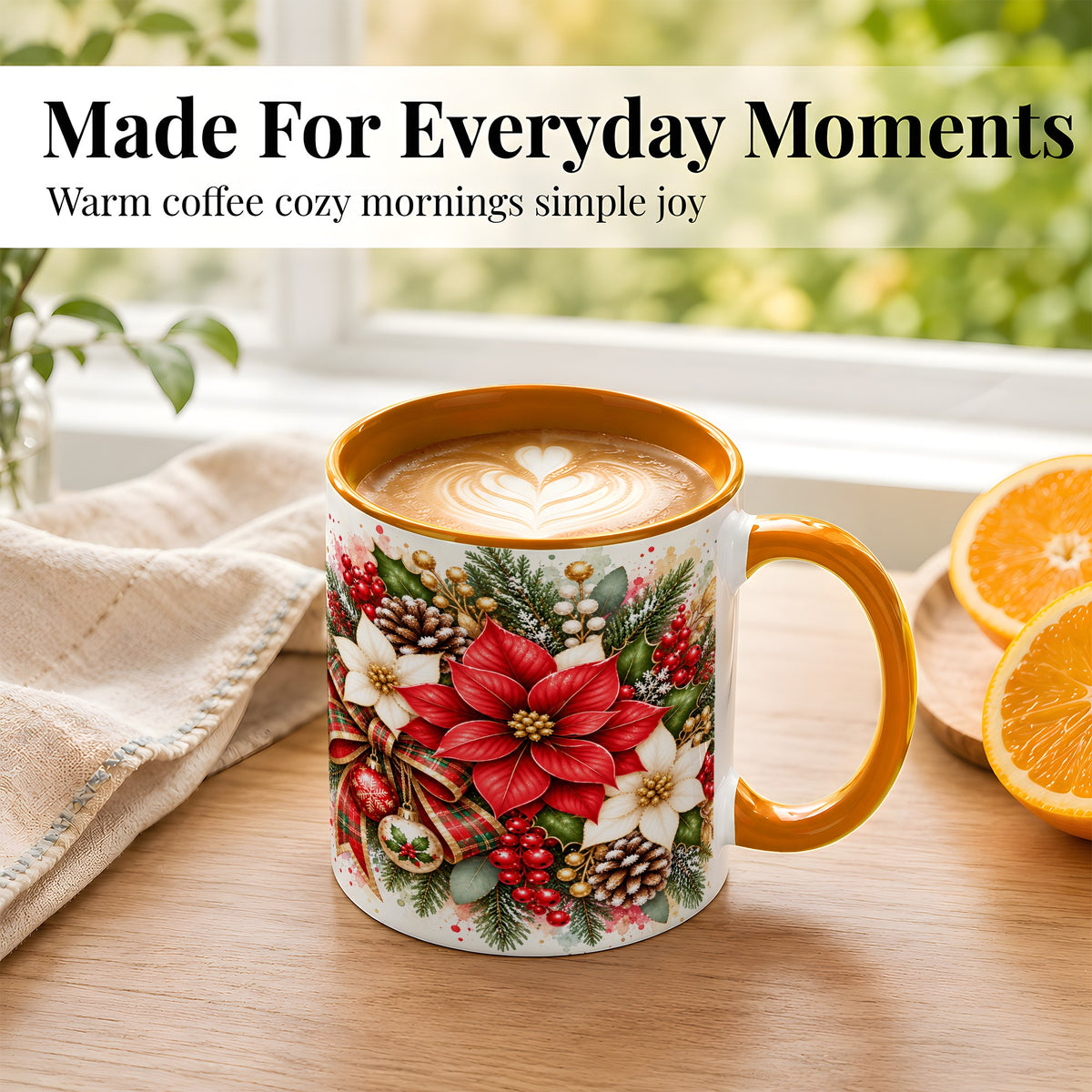 #pl[11oz|Orange] Christmas Poinsettia Coffee Mug, Plaid Bow Floral Mug, Ceramic Cup
