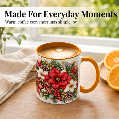 #pl[11oz|Orange] Christmas Poinsettia Coffee Mug, Plaid Bow Floral Mug, Ceramic Cup