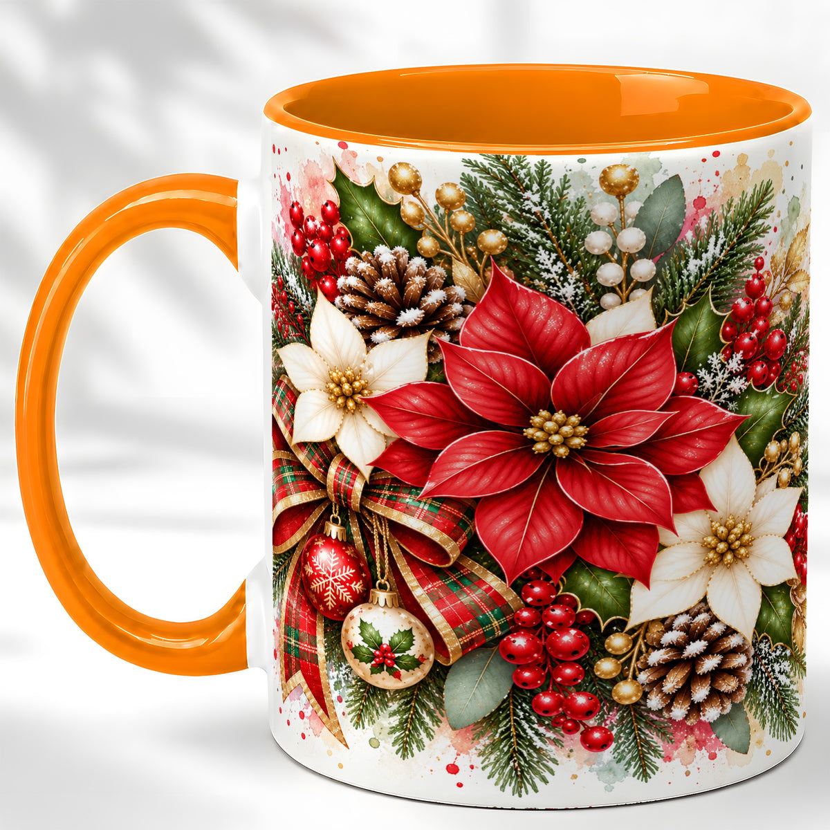 #pl[11oz|Orange] Christmas Poinsettia Coffee Mug, Plaid Bow Floral Mug, Ceramic Cup
