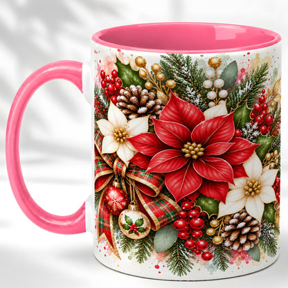 #pl[11oz|Pink] Christmas Poinsettia Coffee Mug, Plaid Bow Floral Mug, Ceramic Cup