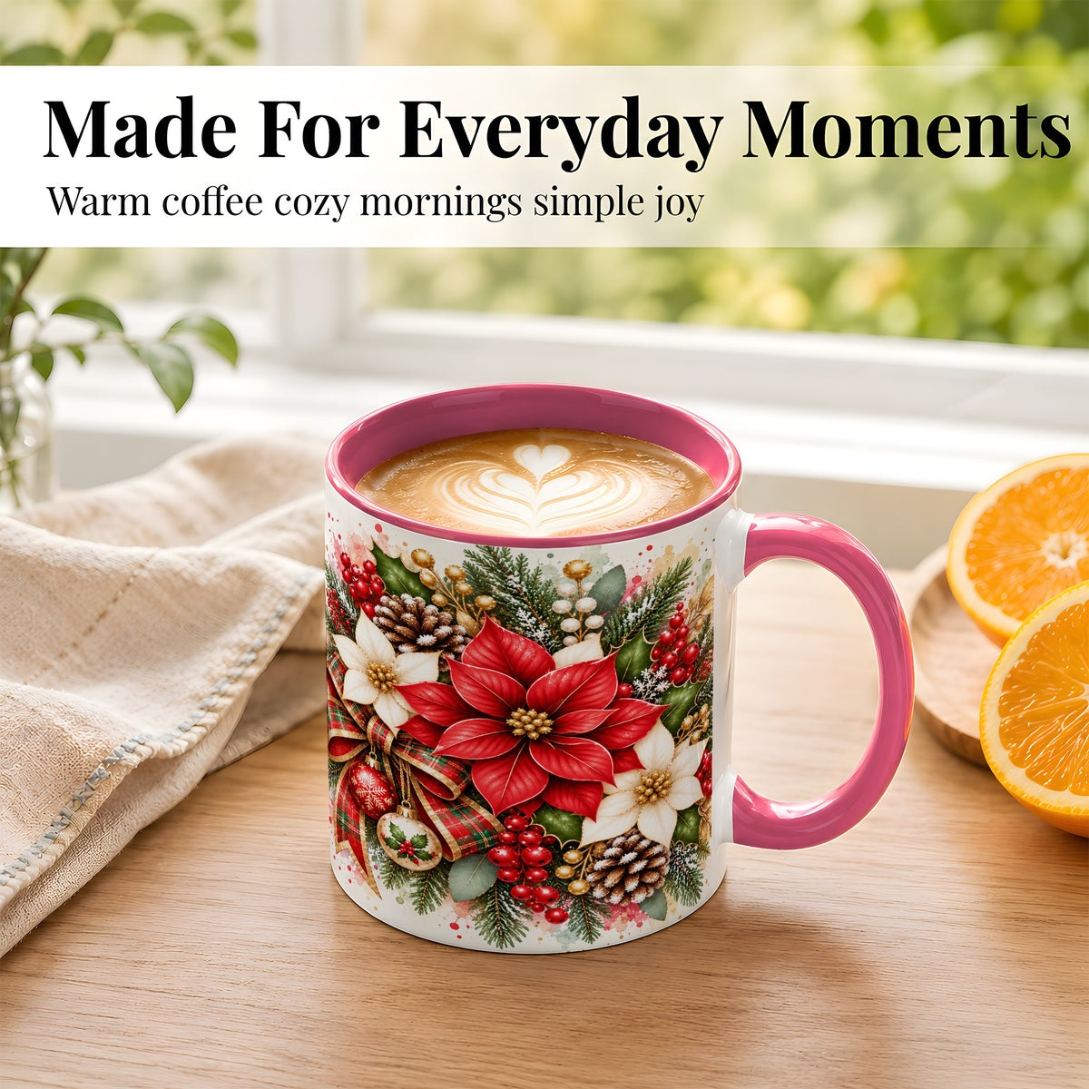 #pl[11oz|Pink] Christmas Poinsettia Coffee Mug, Plaid Bow Floral Mug, Ceramic Cup