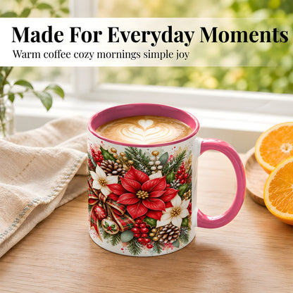 #pl[11oz|Pink] Christmas Poinsettia Coffee Mug, Plaid Bow Floral Mug, Ceramic Cup