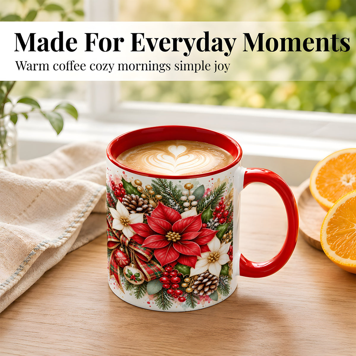 #pl[11oz|Red] Christmas Poinsettia Coffee Mug, Plaid Bow Floral Mug, Ceramic Cup