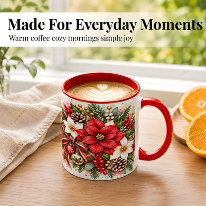 #pl[11oz|Red] Christmas Poinsettia Coffee Mug, Plaid Bow Floral Mug, Ceramic Cup