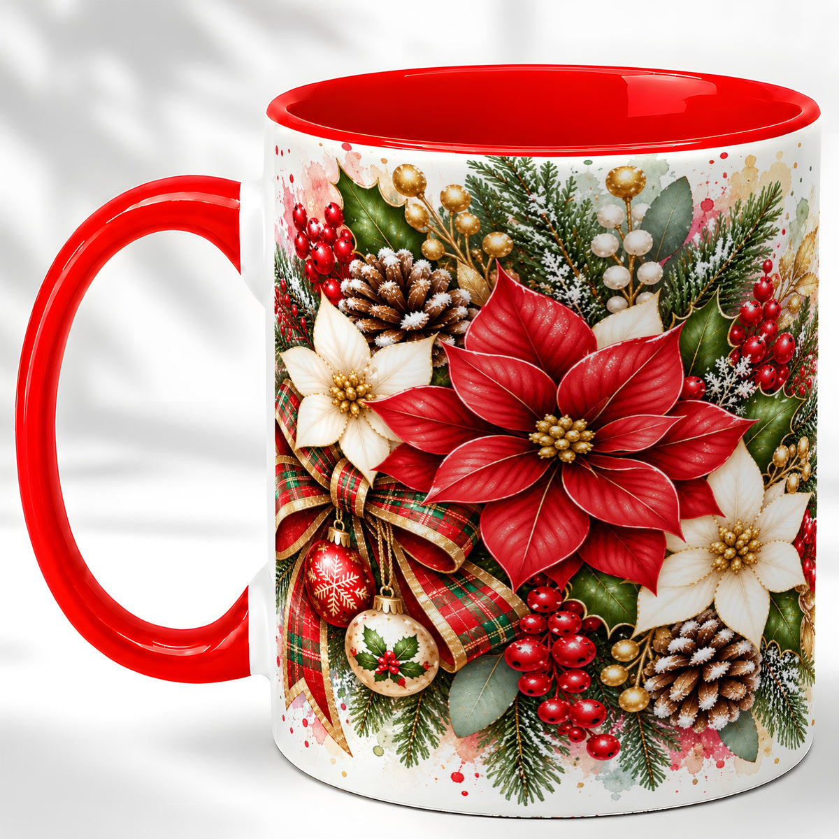 Christmas Poinsettia Coffee Mug, Plaid Bow Floral Mug, Ceramic Cup
