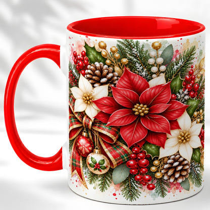 Christmas Poinsettia Coffee Mug, Plaid Bow Floral Mug, Ceramic Cup