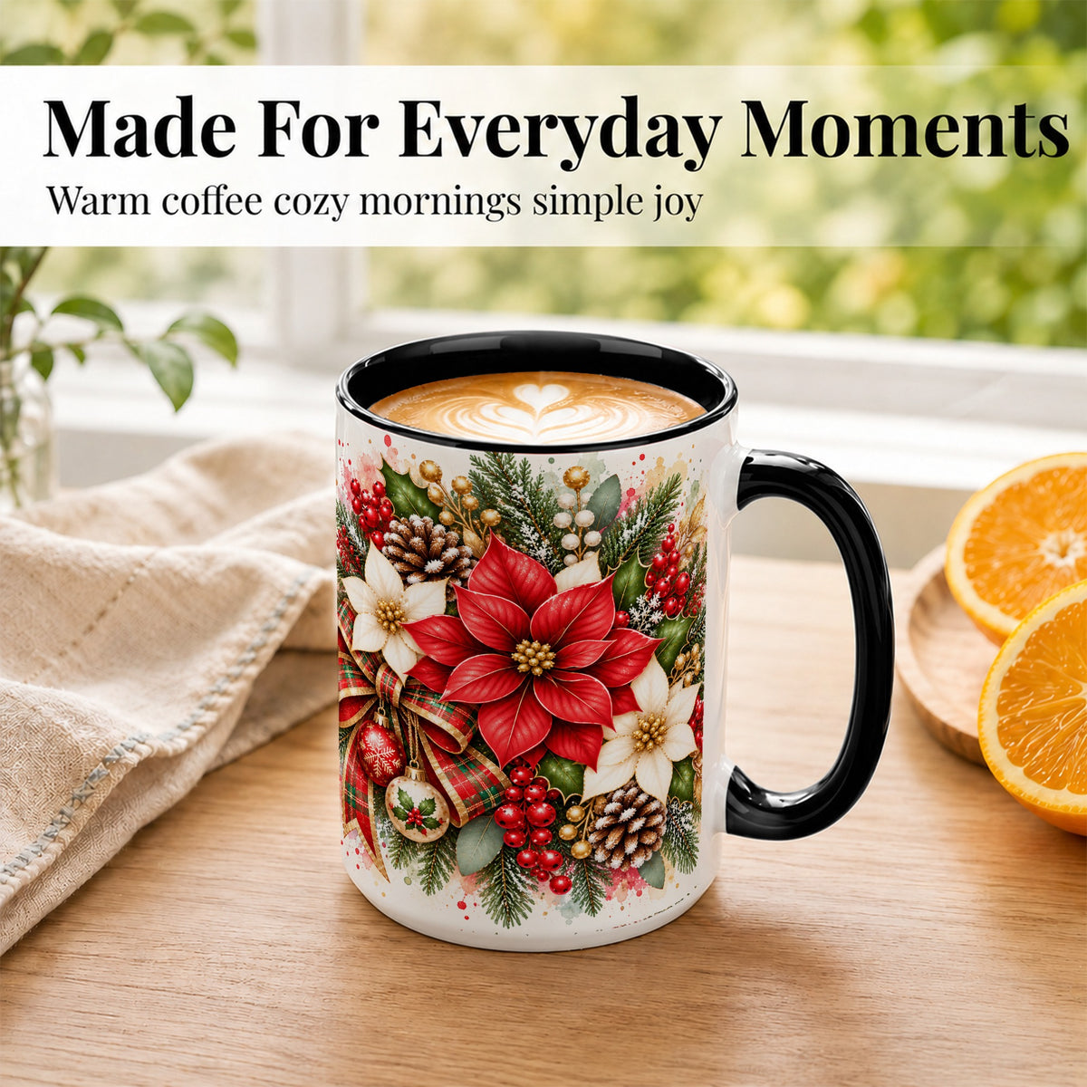 #pl[15oz|Black] Christmas Poinsettia Coffee Mug, Plaid Bow Floral Mug, Ceramic Cup