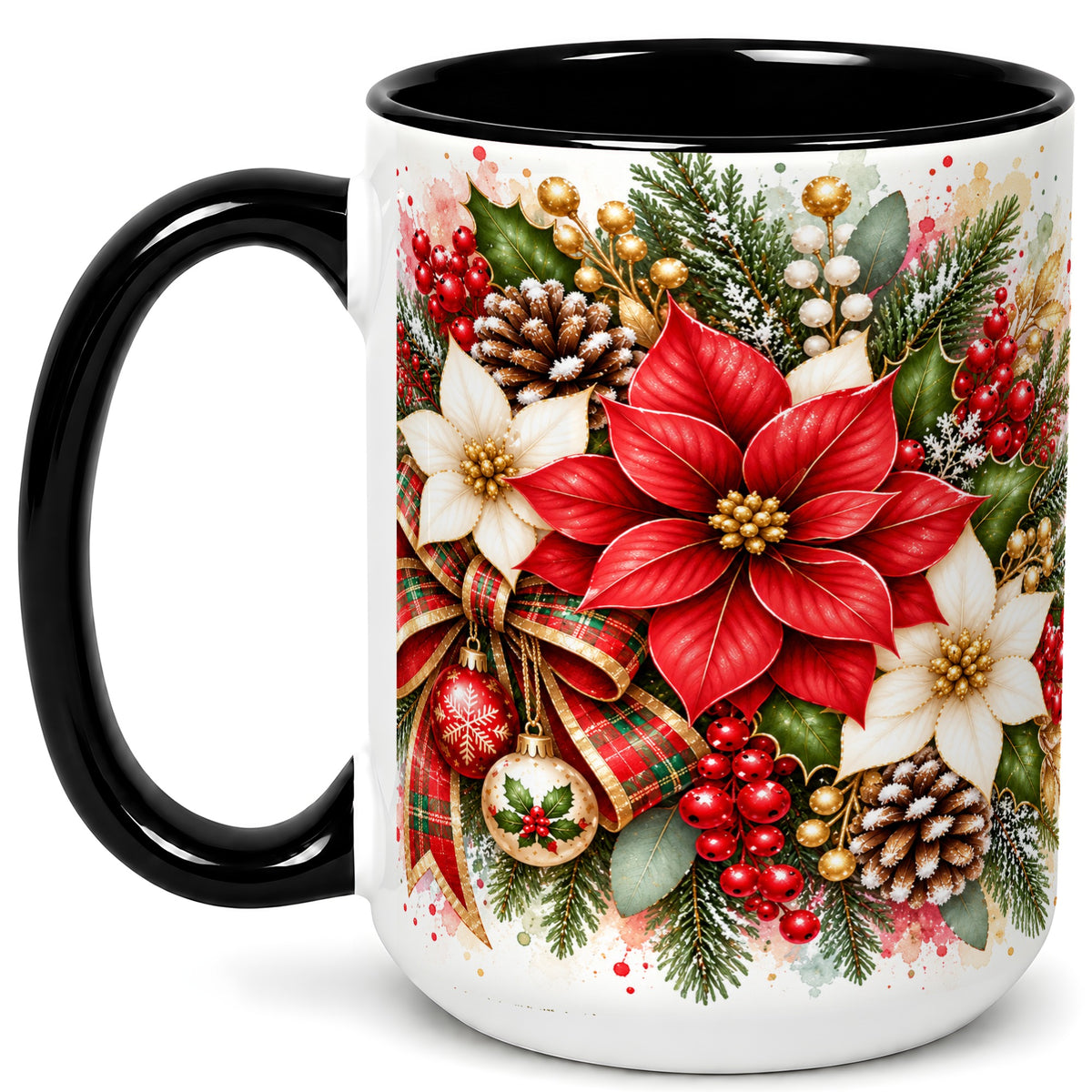 #pl[15oz|Black] Christmas Poinsettia Coffee Mug, Plaid Bow Floral Mug, Ceramic Cup