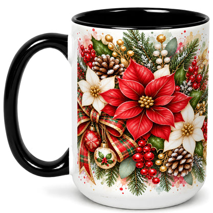 #pl[15oz|Black] Christmas Poinsettia Coffee Mug, Plaid Bow Floral Mug, Ceramic Cup