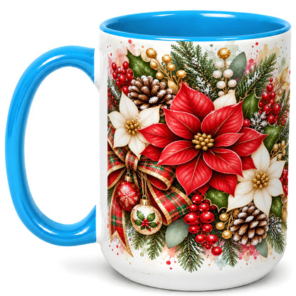#pl[15oz|Blue] Christmas Poinsettia Coffee Mug, Plaid Bow Floral Mug, Ceramic Cup