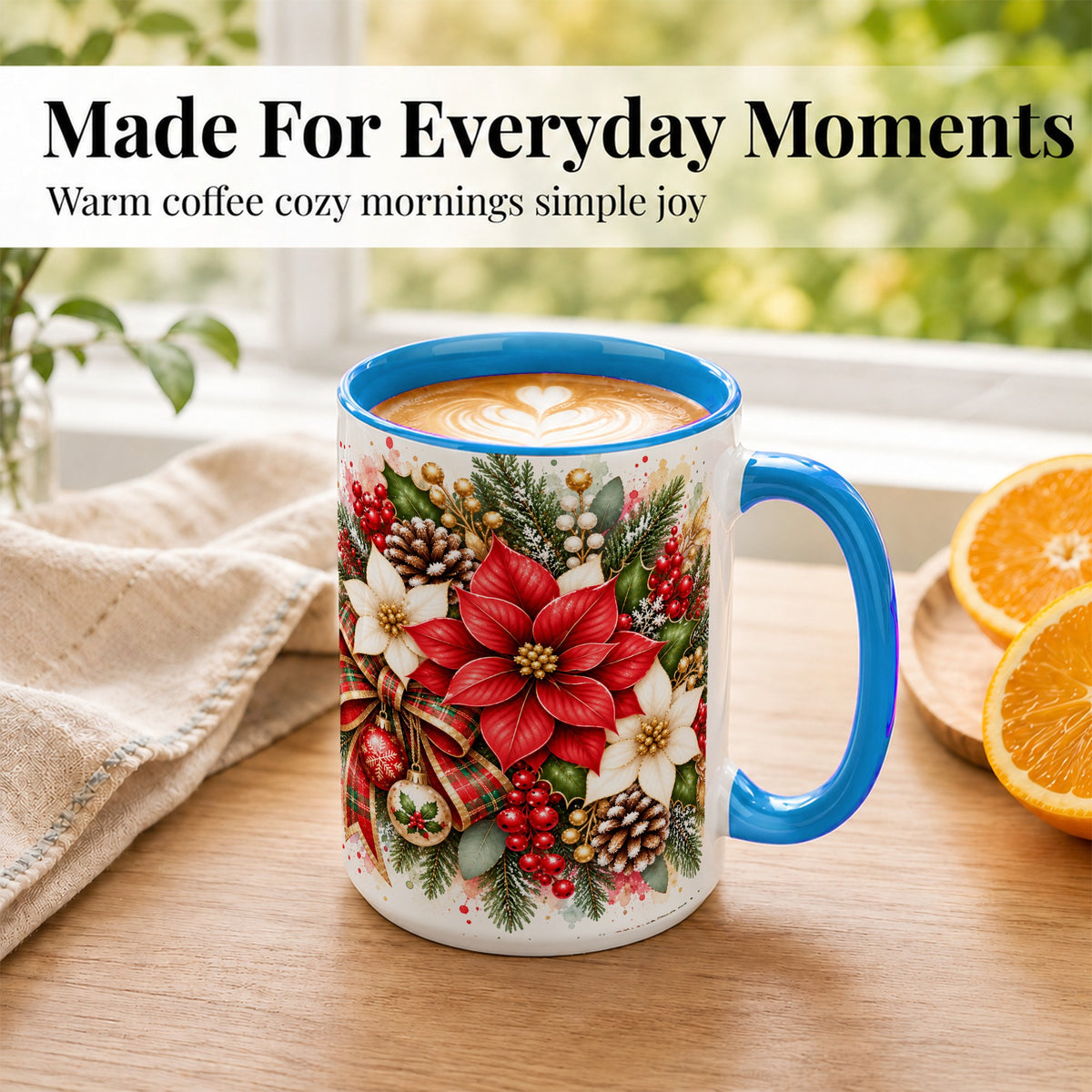 #pl[15oz|Blue] Christmas Poinsettia Coffee Mug, Plaid Bow Floral Mug, Ceramic Cup