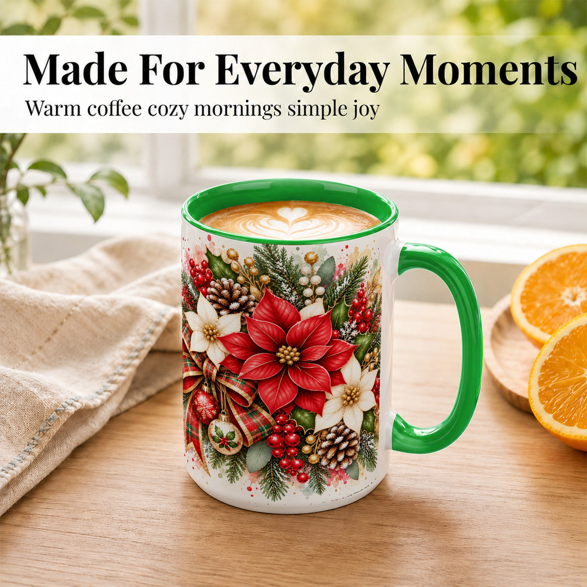 #pl[15oz|Green] Christmas Poinsettia Coffee Mug, Plaid Bow Floral Mug, Ceramic Cup