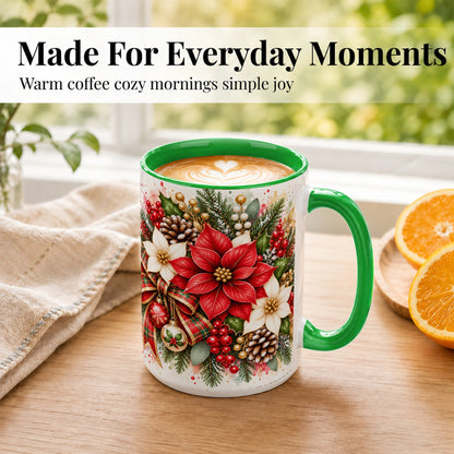 #pl[15oz|Green] Christmas Poinsettia Coffee Mug, Plaid Bow Floral Mug, Ceramic Cup