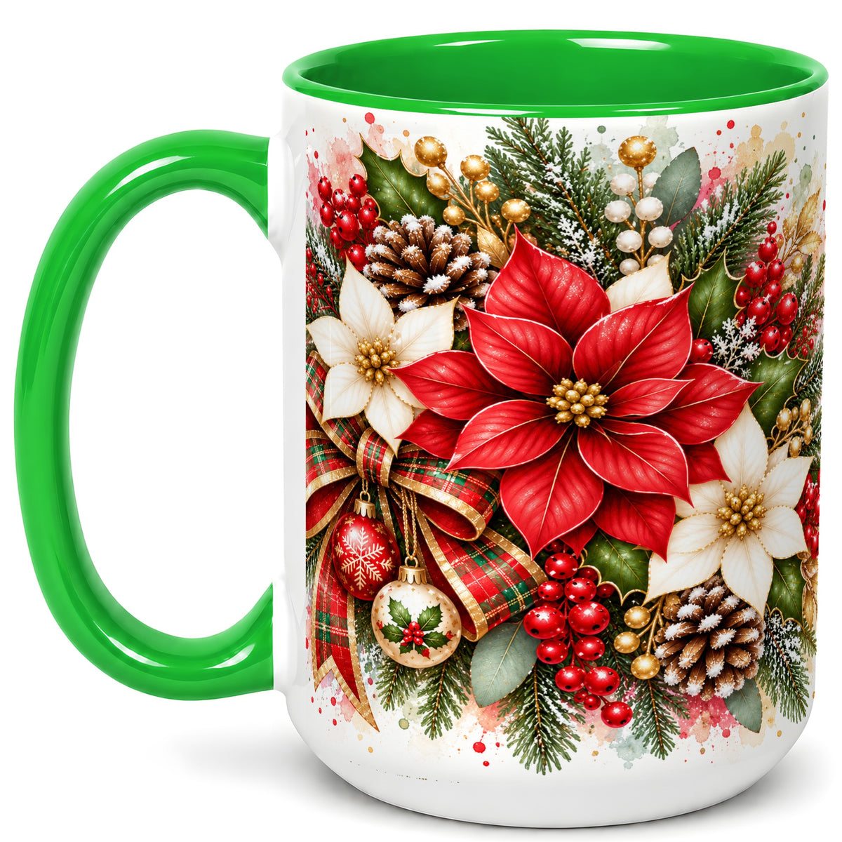 #pl[15oz|Green] Christmas Poinsettia Coffee Mug, Plaid Bow Floral Mug, Ceramic Cup