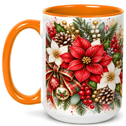 #pl[15oz|Orange] Christmas Poinsettia Coffee Mug, Plaid Bow Floral Mug, Ceramic Cup