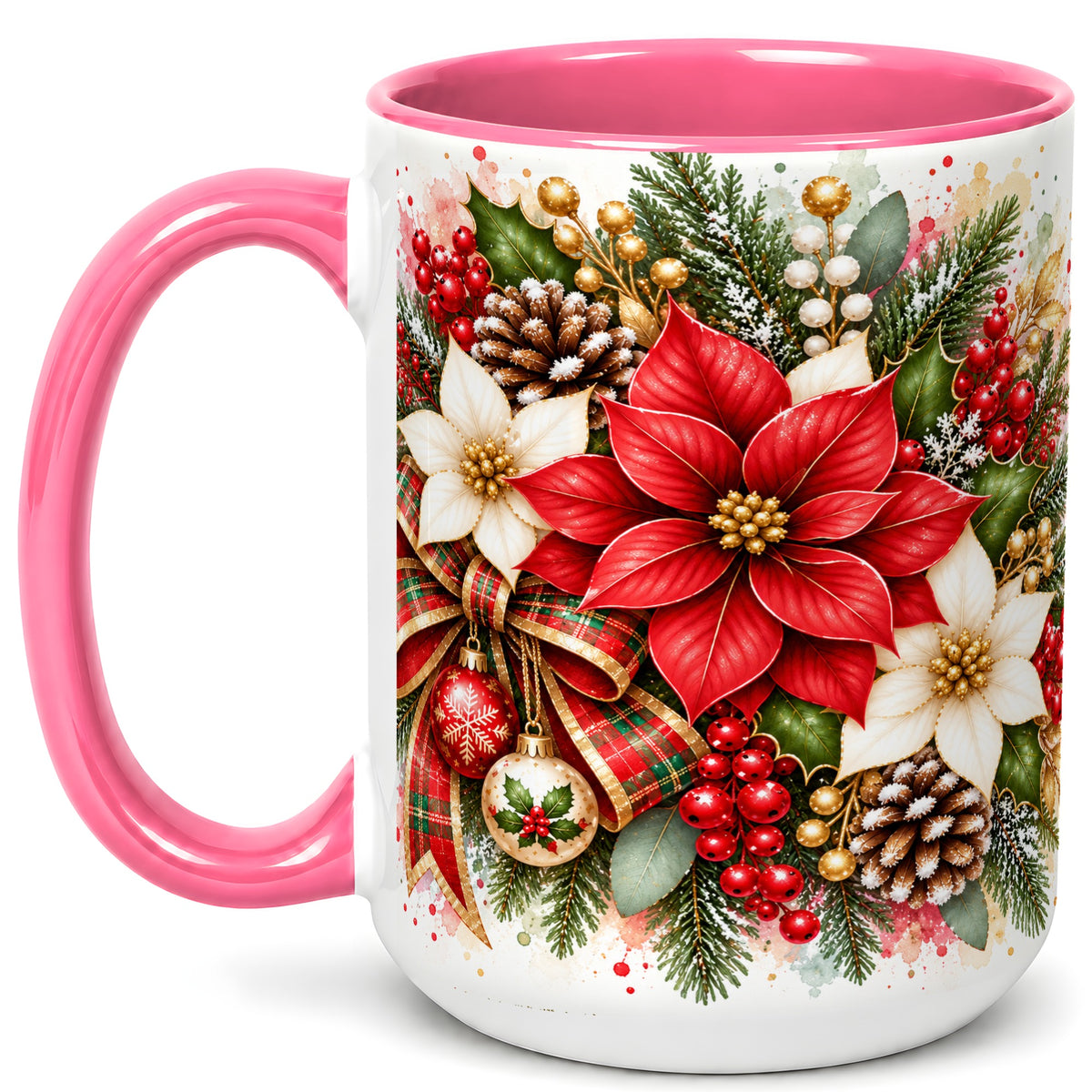 #pl[15oz|Pink] Christmas Poinsettia Coffee Mug, Plaid Bow Floral Mug, Ceramic Cup