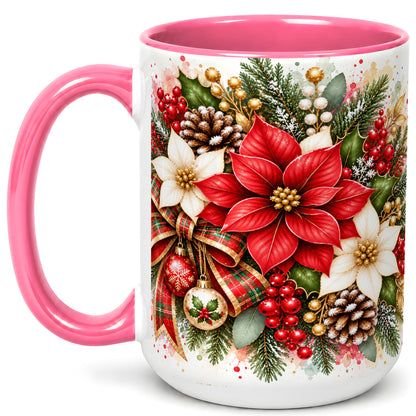 #pl[15oz|Pink] Christmas Poinsettia Coffee Mug, Plaid Bow Floral Mug, Ceramic Cup