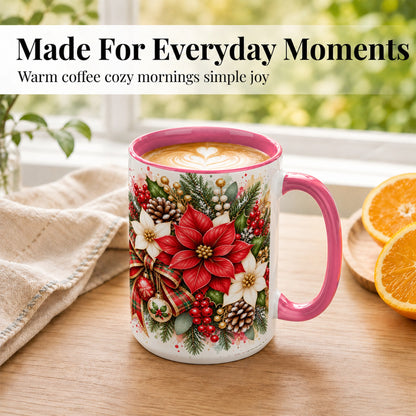 #pl[15oz|Pink] Christmas Poinsettia Coffee Mug, Plaid Bow Floral Mug, Ceramic Cup