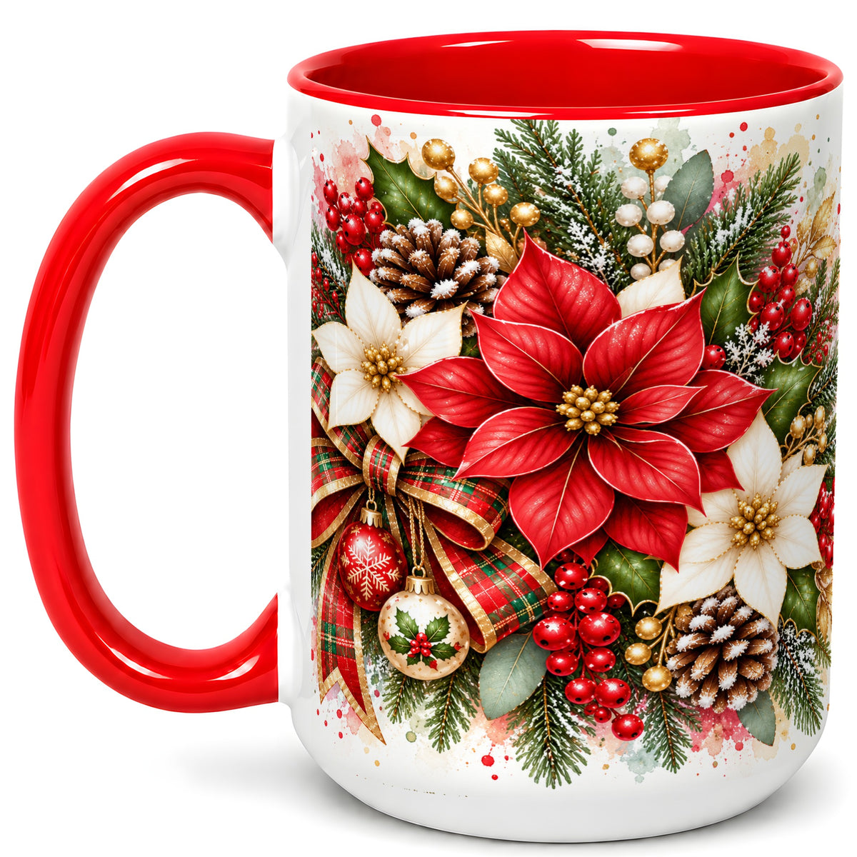 #pl[15oz|Red] Christmas Poinsettia Coffee Mug, Plaid Bow Floral Mug, Ceramic Cup
