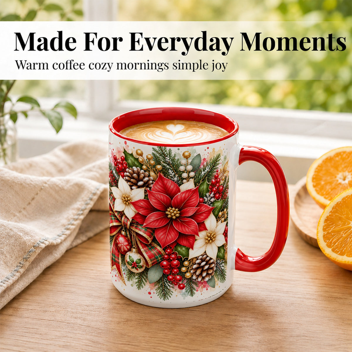 #pl[15oz|Red] Christmas Poinsettia Coffee Mug, Plaid Bow Floral Mug, Ceramic Cup