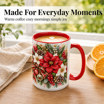 #pl[15oz|Red] Christmas Poinsettia Coffee Mug, Plaid Bow Floral Mug, Ceramic Cup