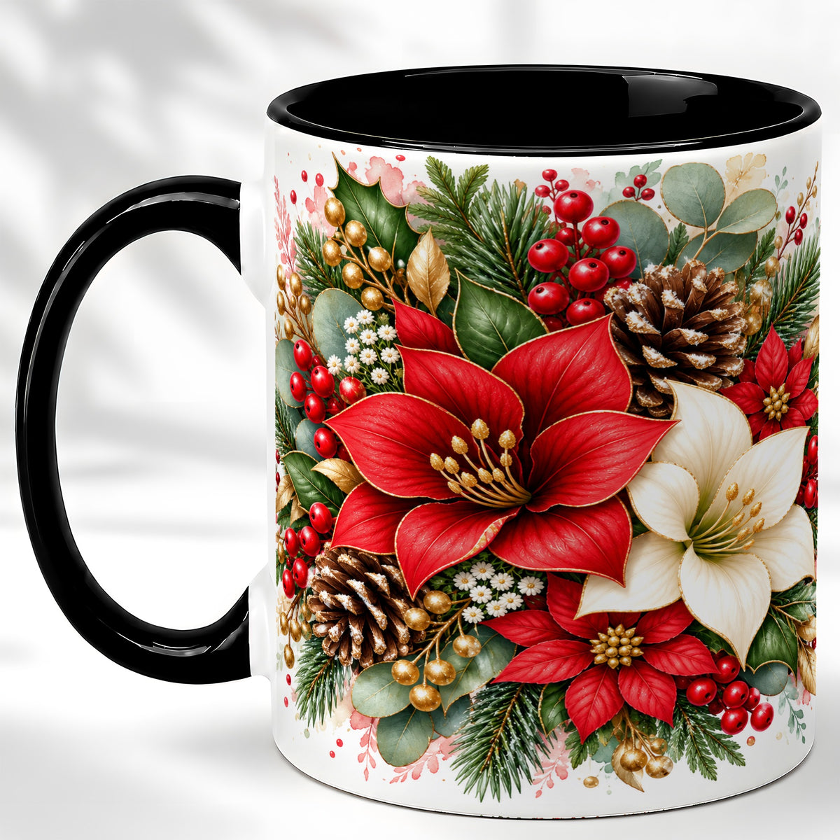 #pl[11oz|Black] Christmas Poinsettia Coffee Mug, Red White Floral Mug, Ceramic Cup