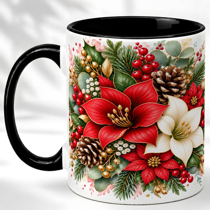 #pl[11oz|Black] Christmas Poinsettia Coffee Mug, Red White Floral Mug, Ceramic Cup