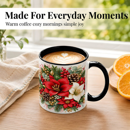 #pl[11oz|Black] Christmas Poinsettia Coffee Mug, Red White Floral Mug, Ceramic Cup