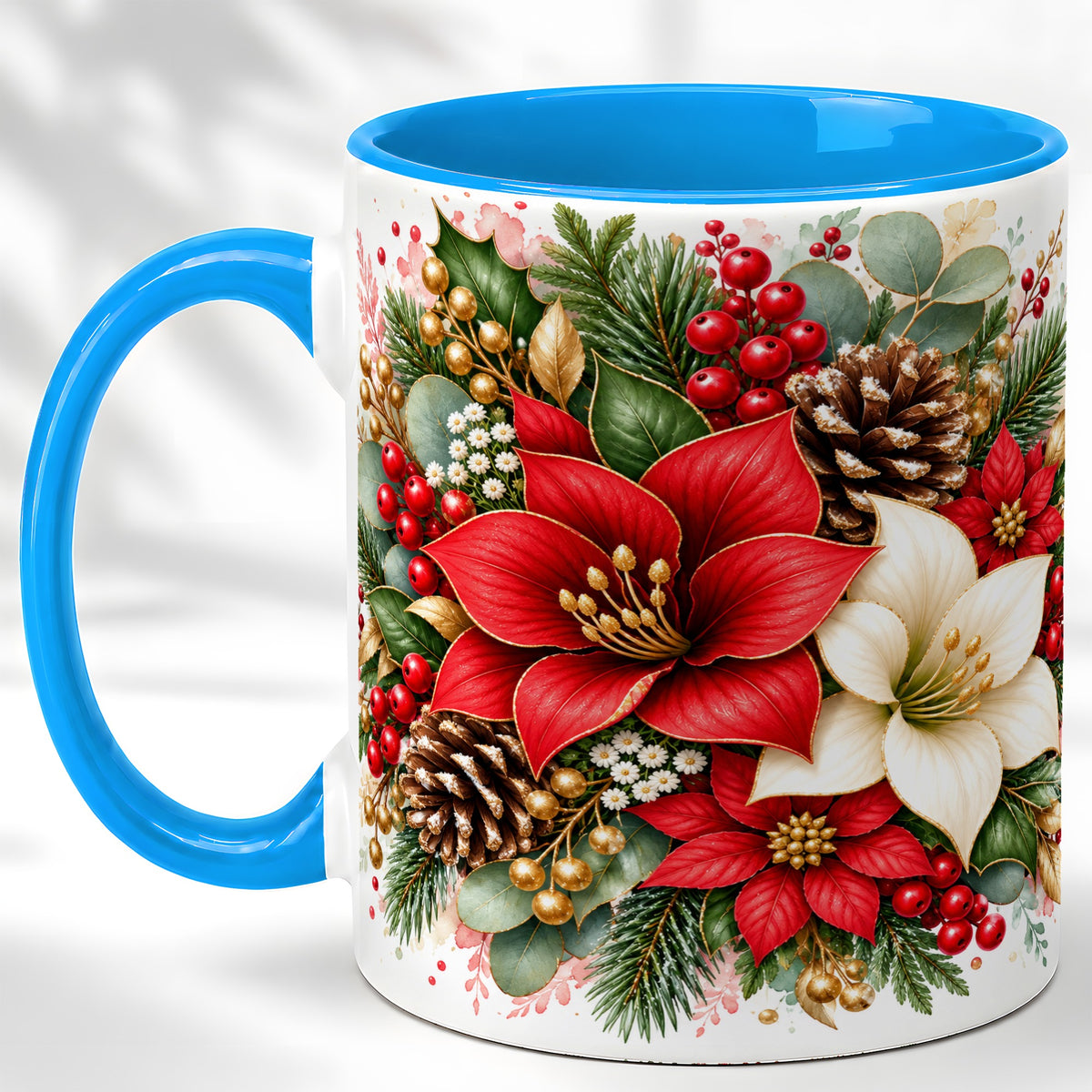 #pl[11oz|Blue] Christmas Poinsettia Coffee Mug, Red White Floral Mug, Ceramic Cup