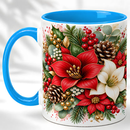 #pl[11oz|Blue] Christmas Poinsettia Coffee Mug, Red White Floral Mug, Ceramic Cup