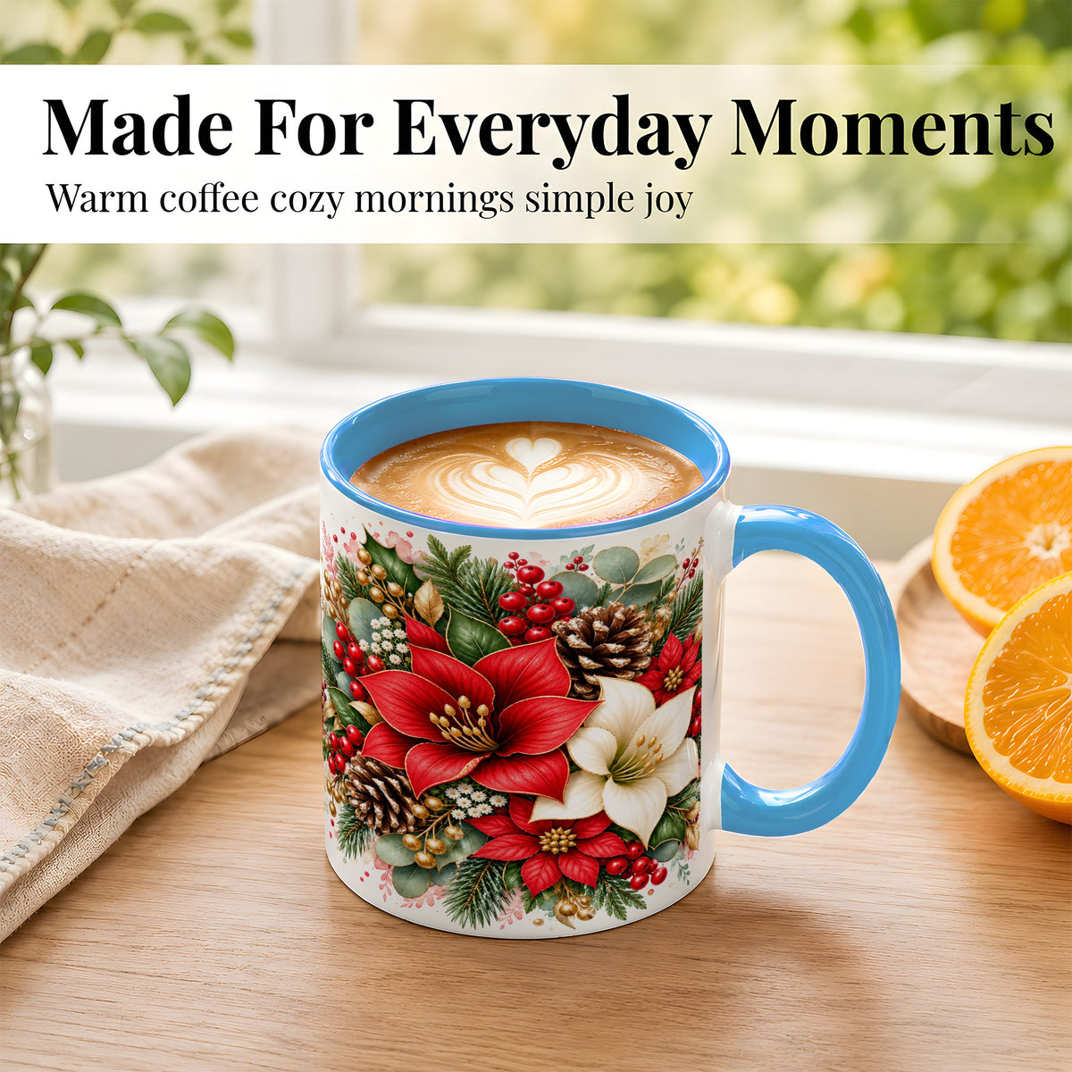 #pl[11oz|Blue] Christmas Poinsettia Coffee Mug, Red White Floral Mug, Ceramic Cup