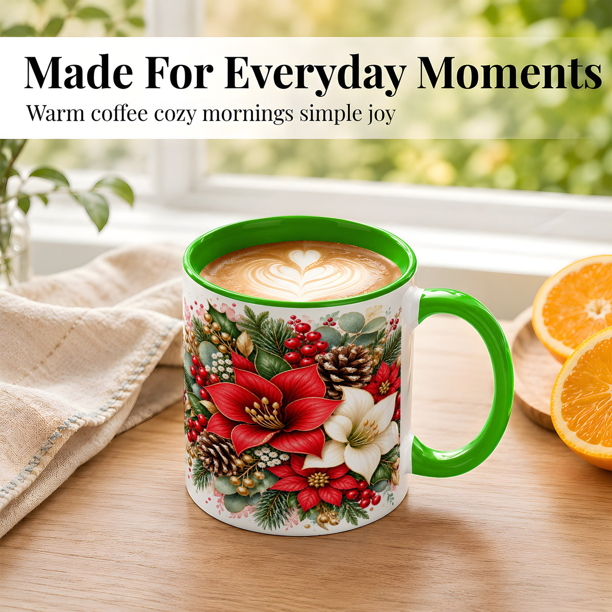 #pl[11oz|Green] Christmas Poinsettia Coffee Mug, Red White Floral Mug, Ceramic Cup