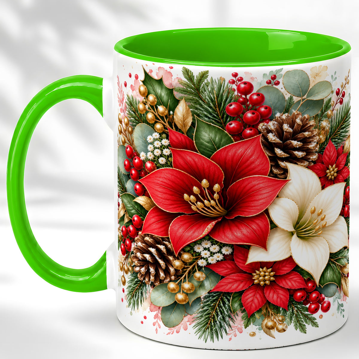#pl[11oz|Green] Christmas Poinsettia Coffee Mug, Red White Floral Mug, Ceramic Cup