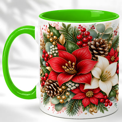 #pl[11oz|Green] Christmas Poinsettia Coffee Mug, Red White Floral Mug, Ceramic Cup