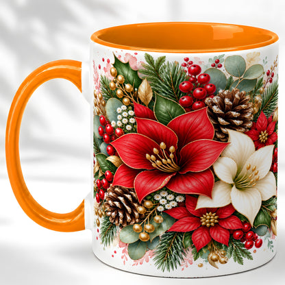 #pl[11oz|Orange] Christmas Poinsettia Coffee Mug, Red White Floral Mug, Ceramic Cup