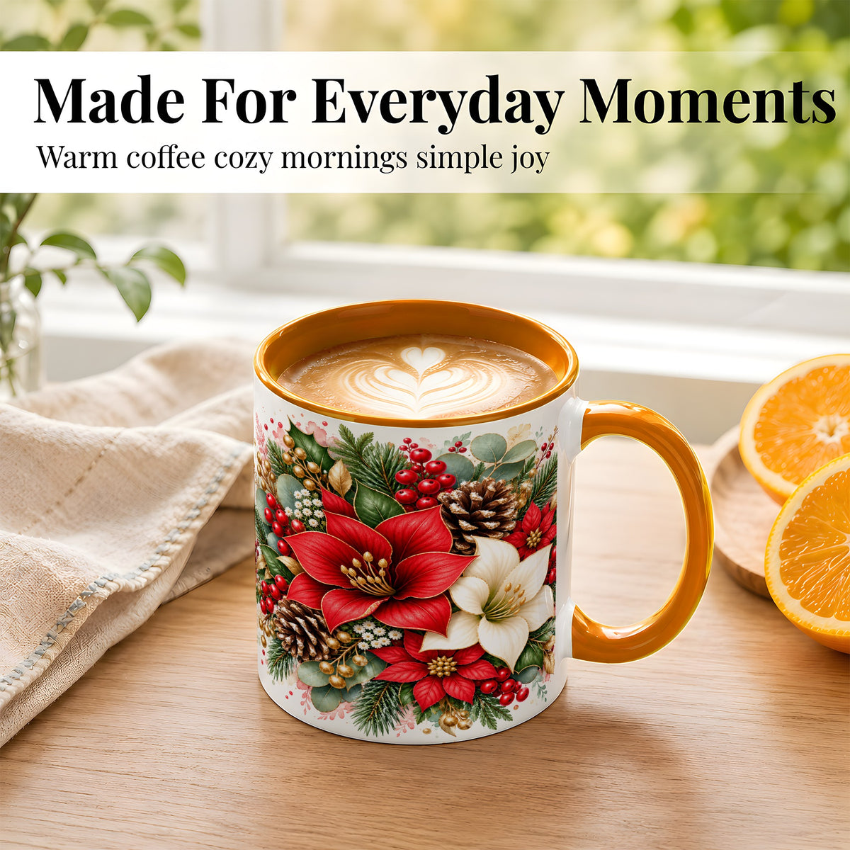 #pl[11oz|Orange] Christmas Poinsettia Coffee Mug, Red White Floral Mug, Ceramic Cup