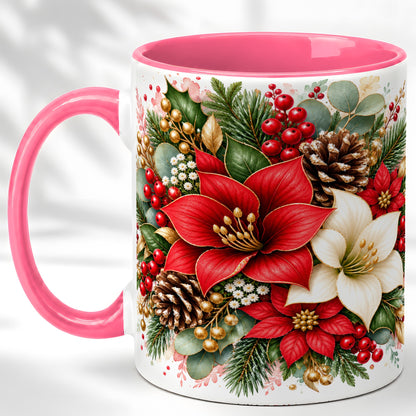 #pl[11oz|Pink] Christmas Poinsettia Coffee Mug, Red White Floral Mug, Ceramic Cup