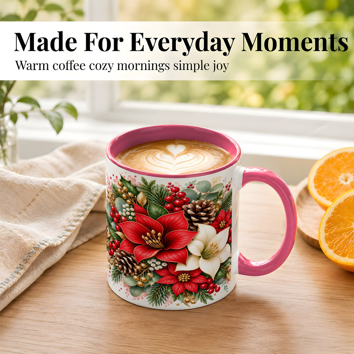 #pl[11oz|Pink] Christmas Poinsettia Coffee Mug, Red White Floral Mug, Ceramic Cup