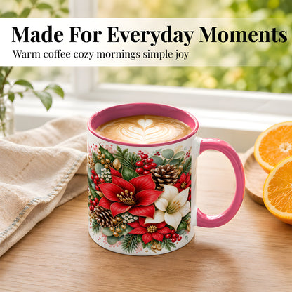 #pl[11oz|Pink] Christmas Poinsettia Coffee Mug, Red White Floral Mug, Ceramic Cup