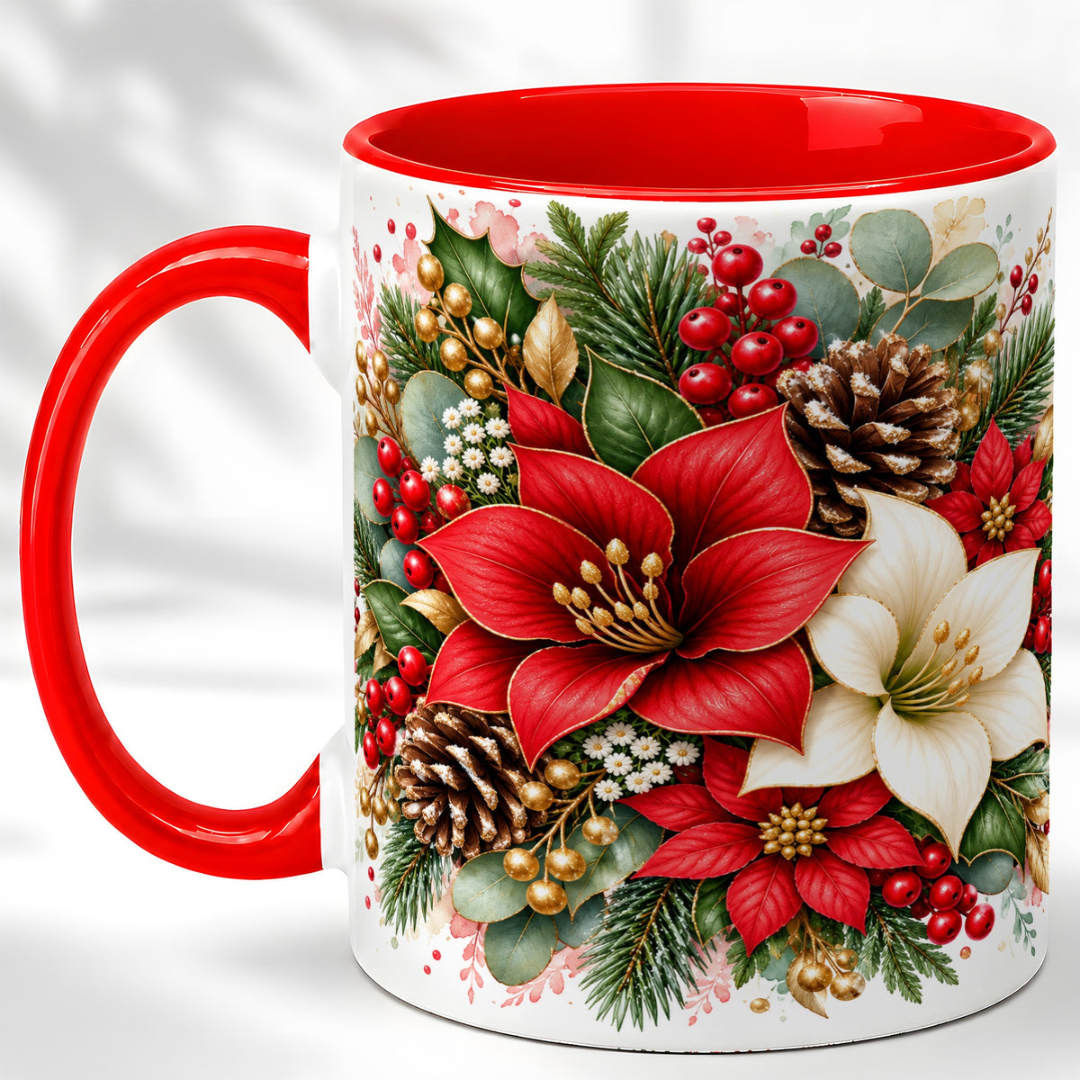 Christmas Poinsettia Coffee Mug, Red White Floral Mug, Ceramic Cup
