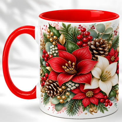 Christmas Poinsettia Coffee Mug, Red White Floral Mug, Ceramic Cup