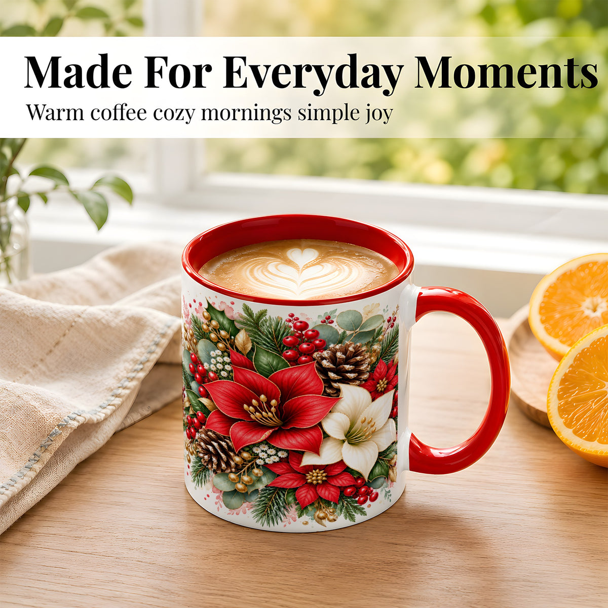 #pl[11oz|Red] Christmas Poinsettia Coffee Mug, Red White Floral Mug, Ceramic Cup