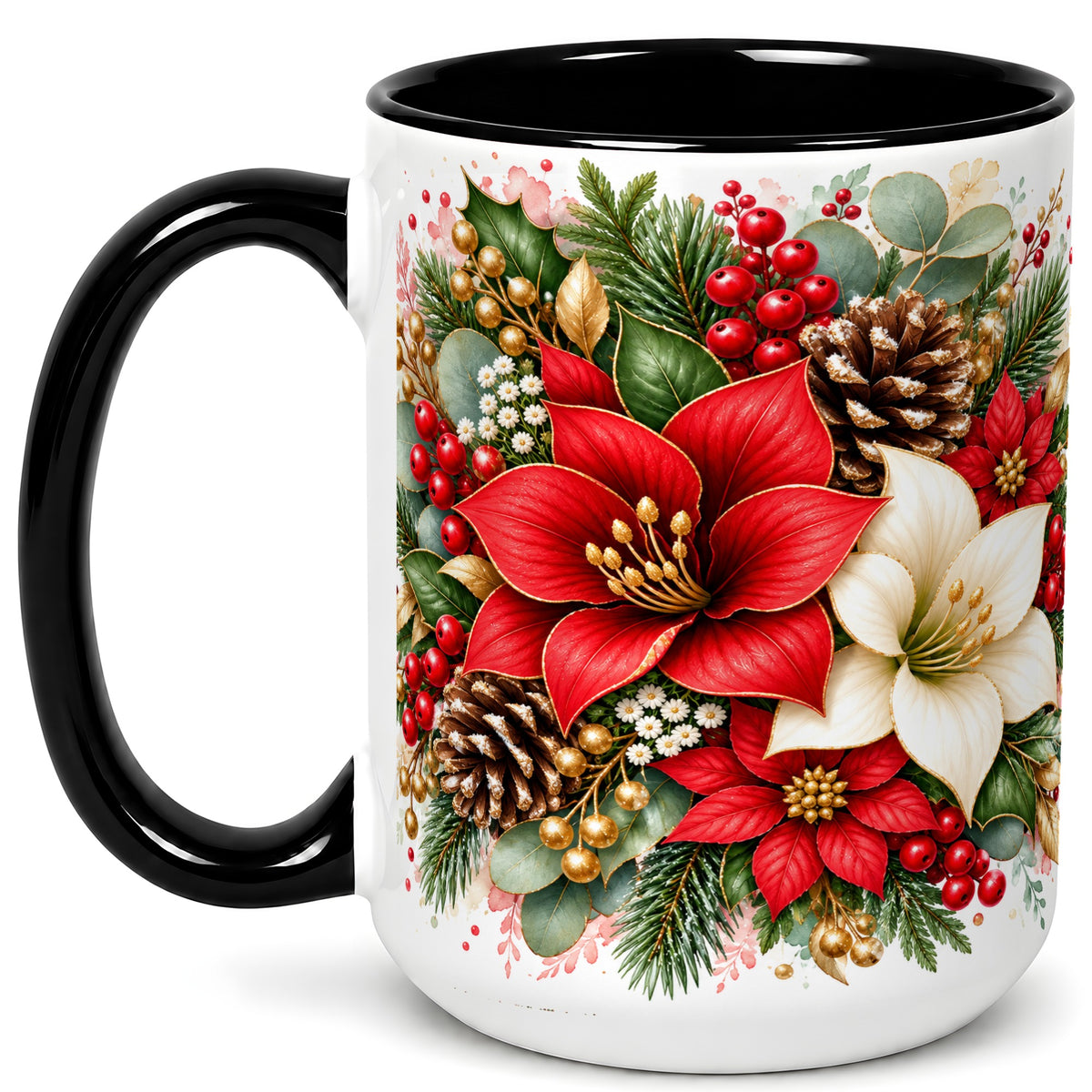 #pl[15oz|Black] Christmas Poinsettia Coffee Mug, Red White Floral Mug, Ceramic Cup