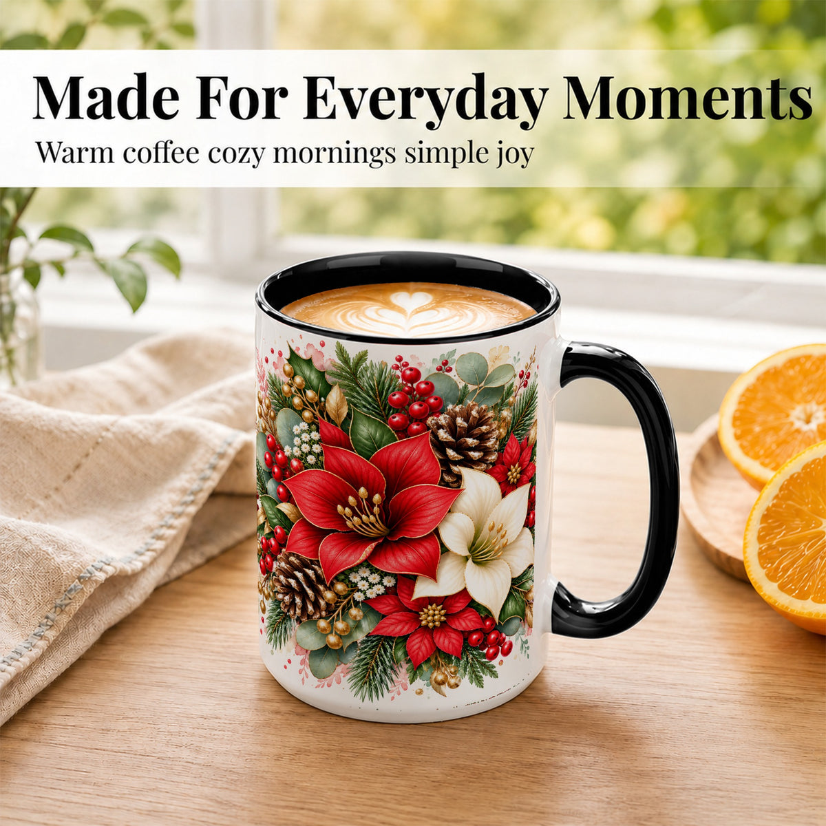 #pl[15oz|Black] Christmas Poinsettia Coffee Mug, Red White Floral Mug, Ceramic Cup